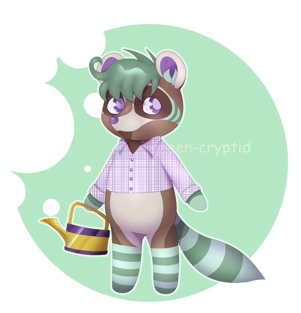 A drawing of an anthropomorphic raccoon carrying a watering can.